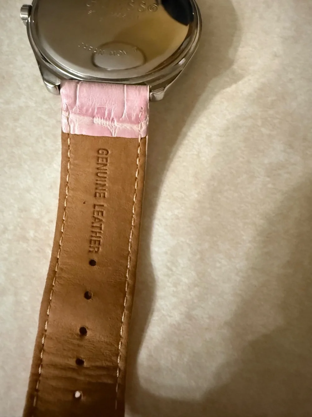 GUESS Women's Large Faced Heart Gemmed Pink Leather Band Stainless Steel Quartz